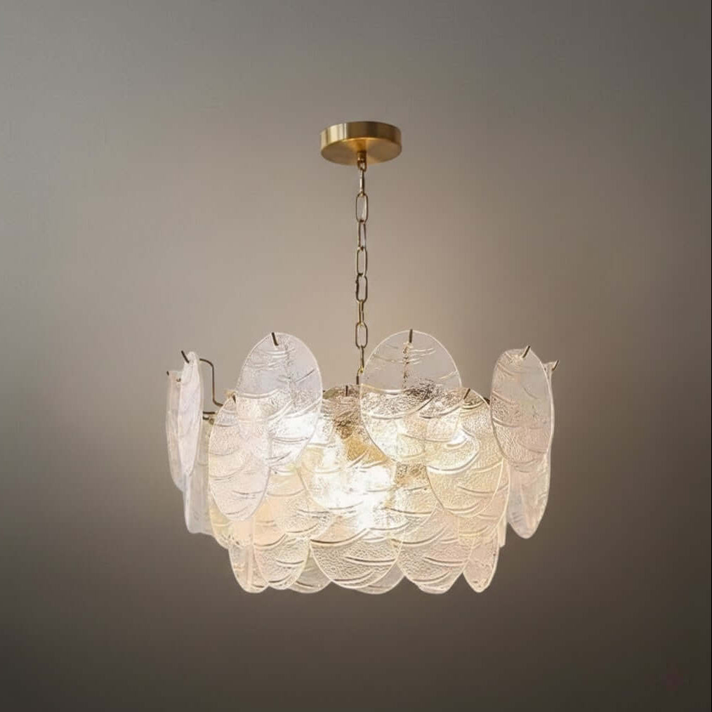 Chandelier — Rippled Wavy Glass Panels & Iron Frame for Living Room